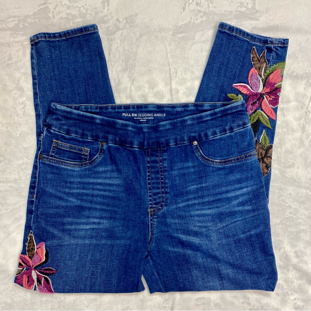 Chico's Floral Embroidered Blue Jeans